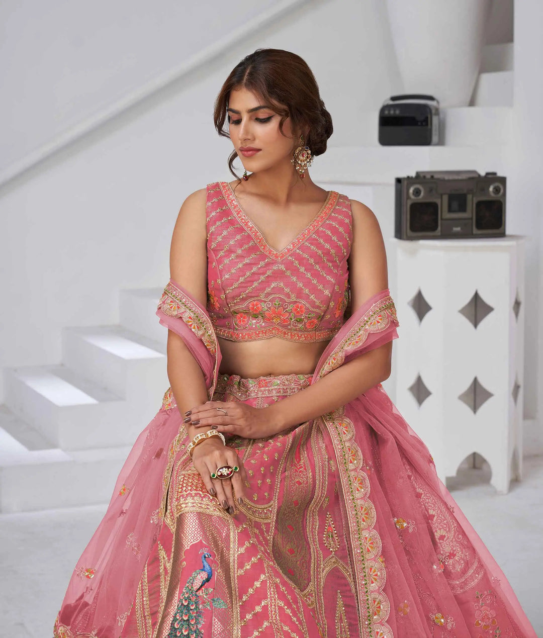 Designer Pink Silk Lehenga With Peacock Feather Work - qivii