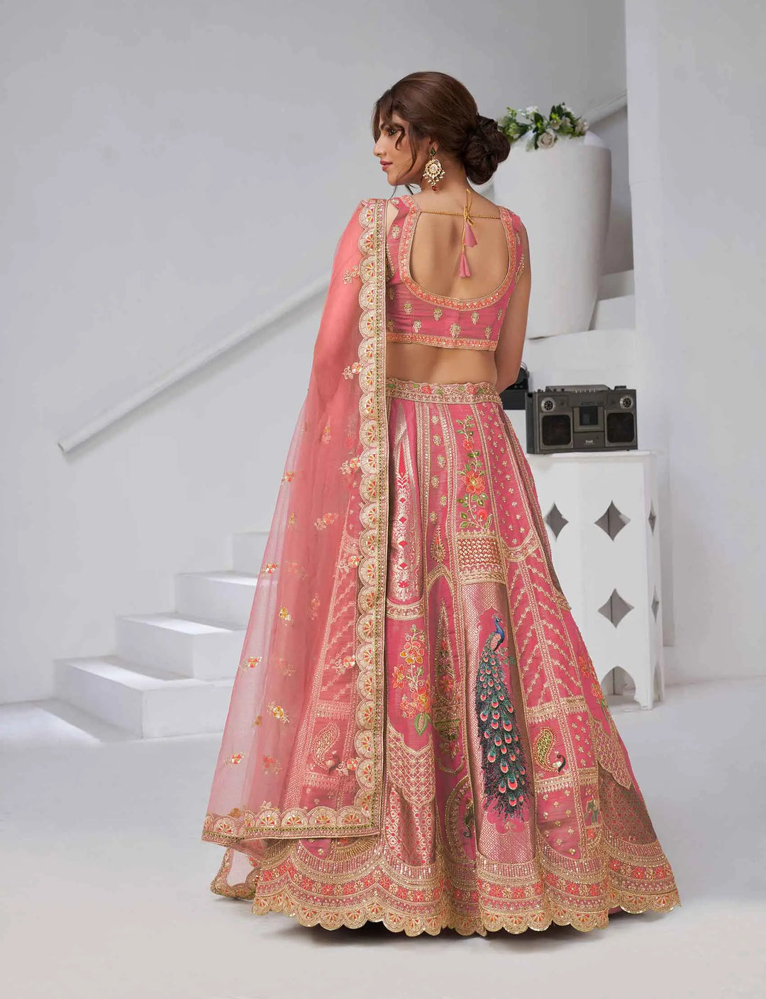 Designer Pink Silk Lehenga With Peacock Feather Work - qivii
