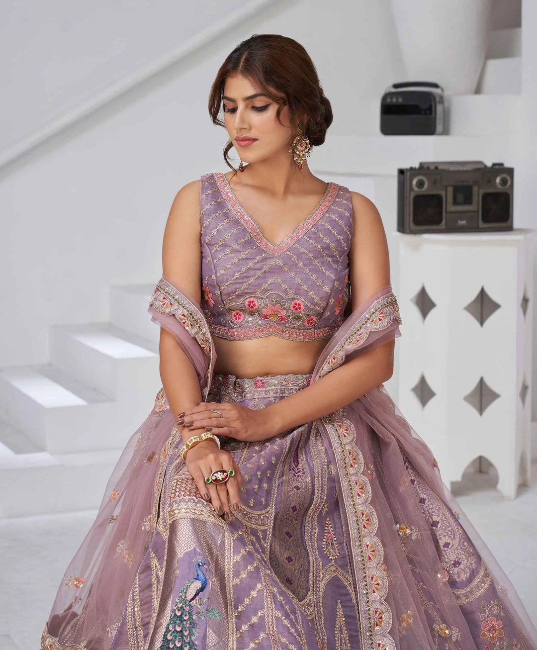 Dusky Purple Silk Lehenga With Peacock Feather Motifs - qivii
