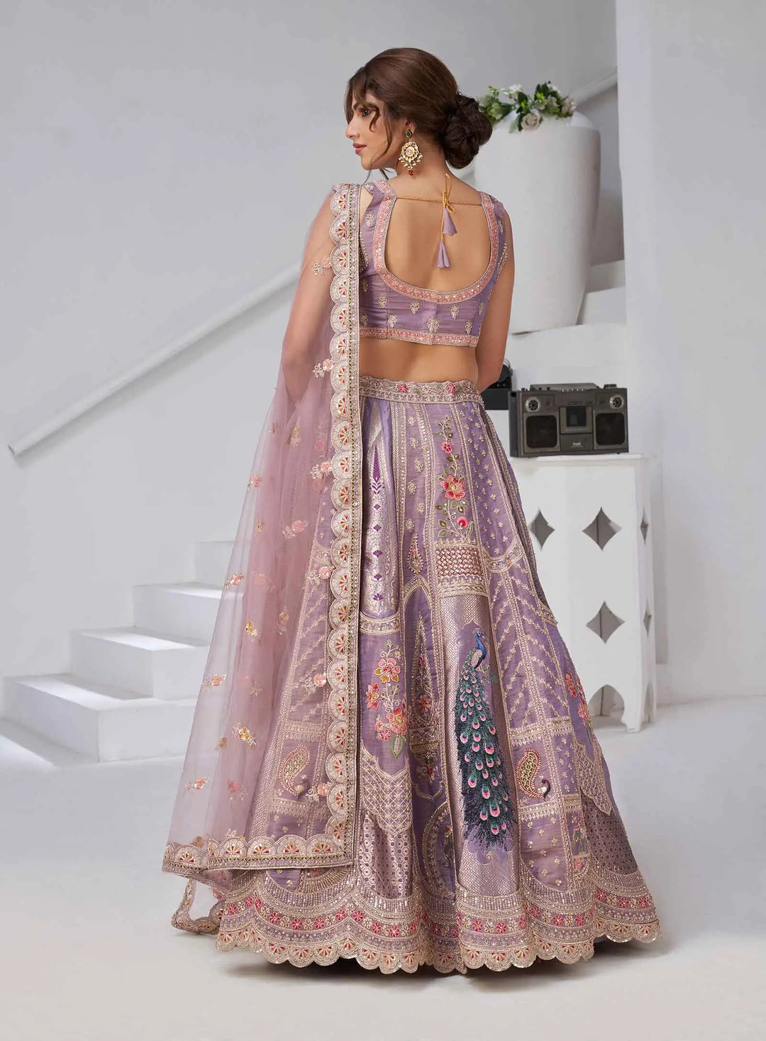 Dusky Purple Silk Lehenga With Peacock Feather Motifs - qivii