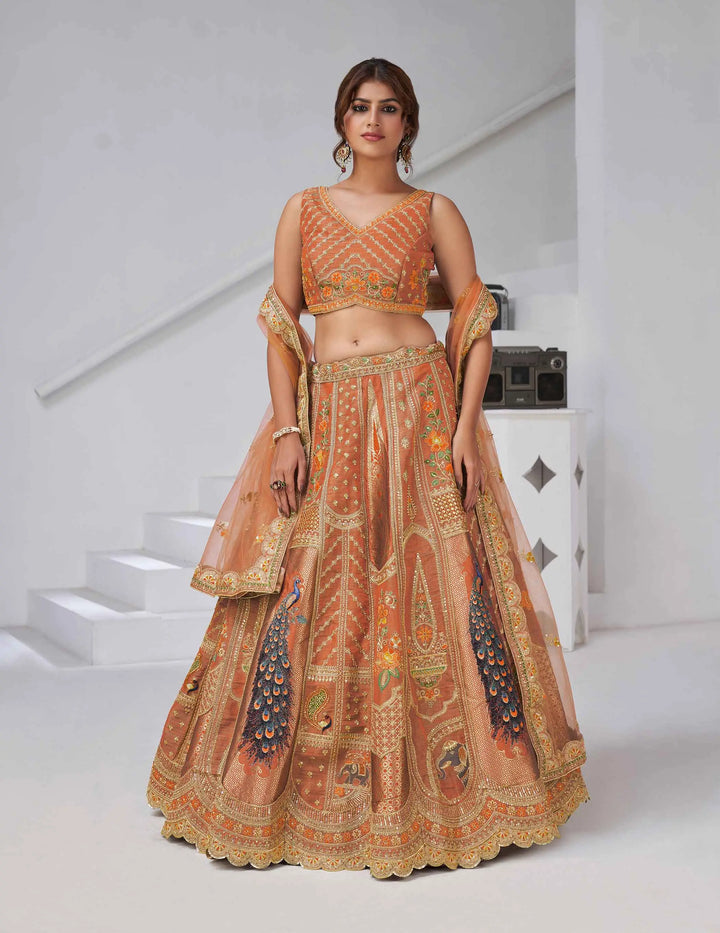 Elegant Rust Silk Lehenga With Feather Detailing - qivii