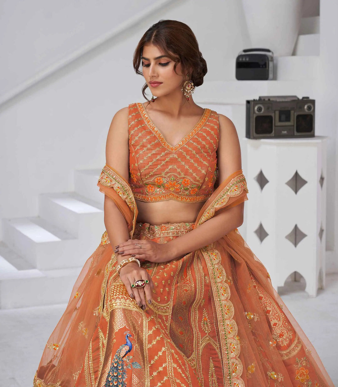 Elegant Rust Silk Lehenga With Feather Detailing - qivii