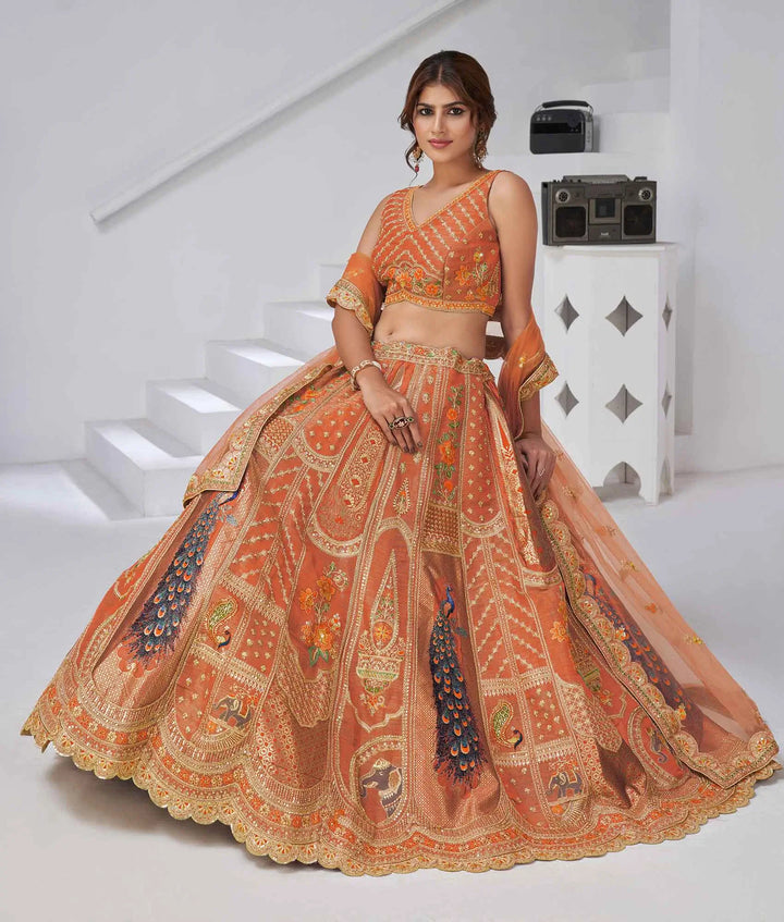 Elegant Rust Silk Lehenga With Feather Detailing - qivii