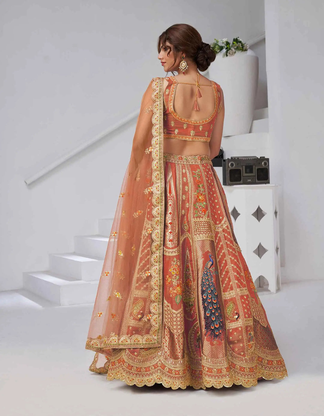 Elegant Rust Silk Lehenga With Feather Detailing - qivii