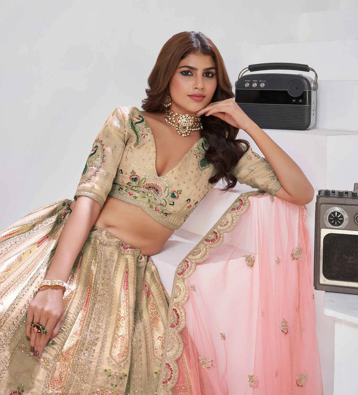 Beige Silk Lehenga With Zari Resham Sequins Work - qivii