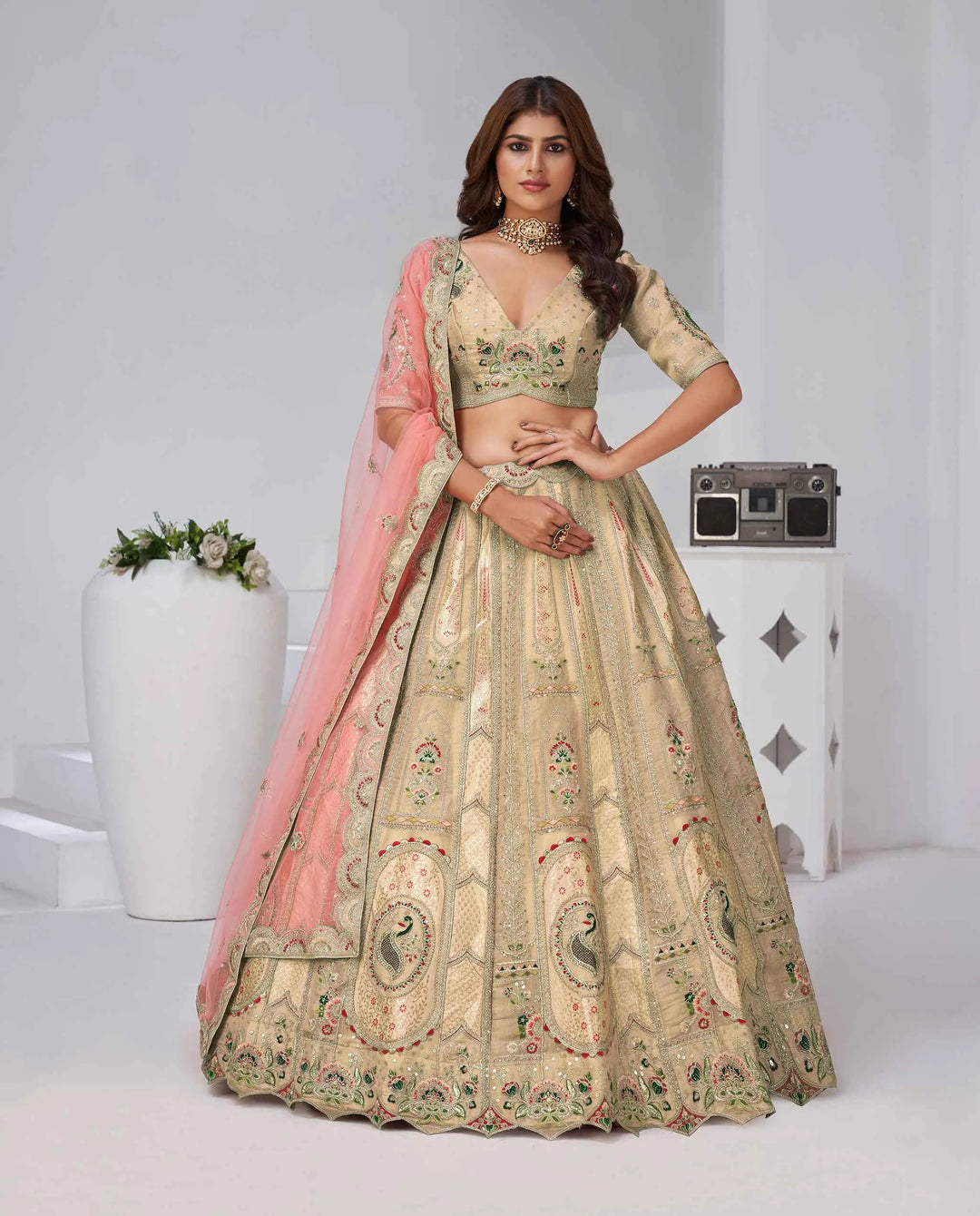 Beige Silk Lehenga With Zari Resham Sequins Work - qivii