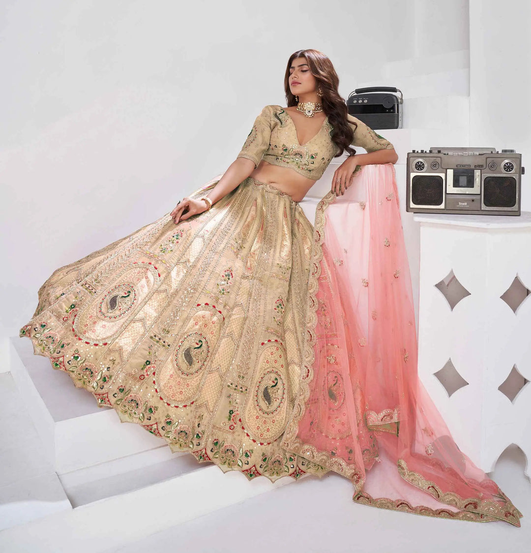 Beige Silk Lehenga With Zari Resham Sequins Work - qivii