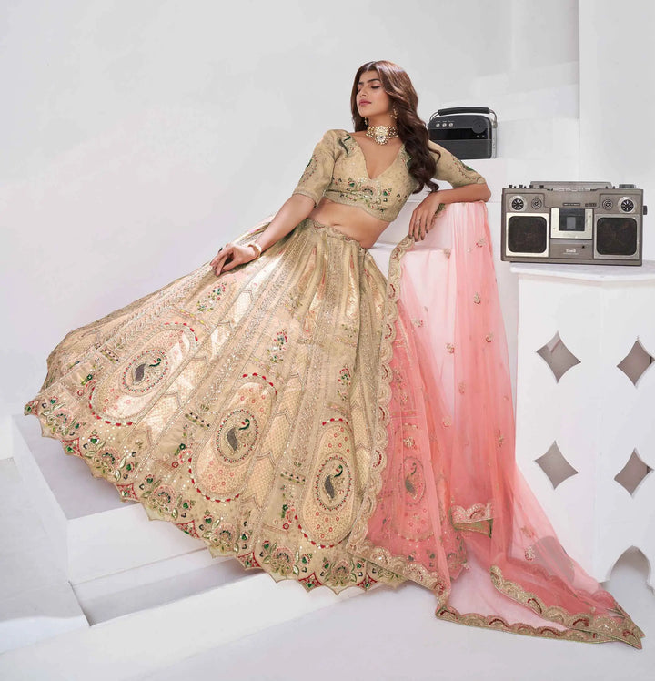 Beige Silk Lehenga With Zari Resham Sequins Work - qivii