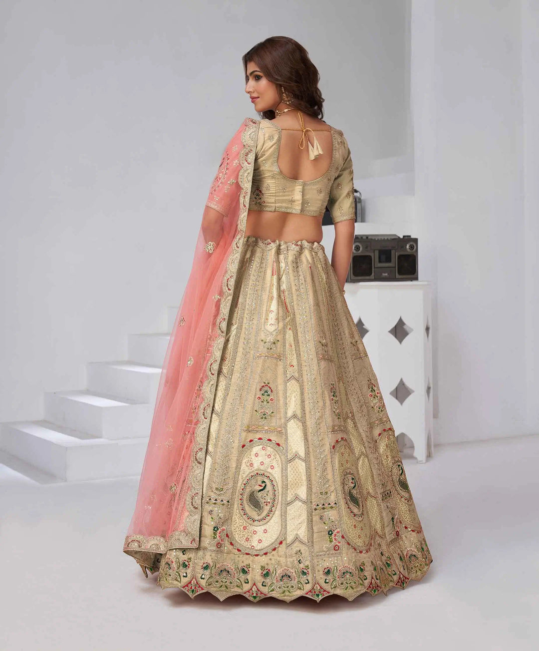 Beige Silk Lehenga With Zari Resham Sequins Work - qivii