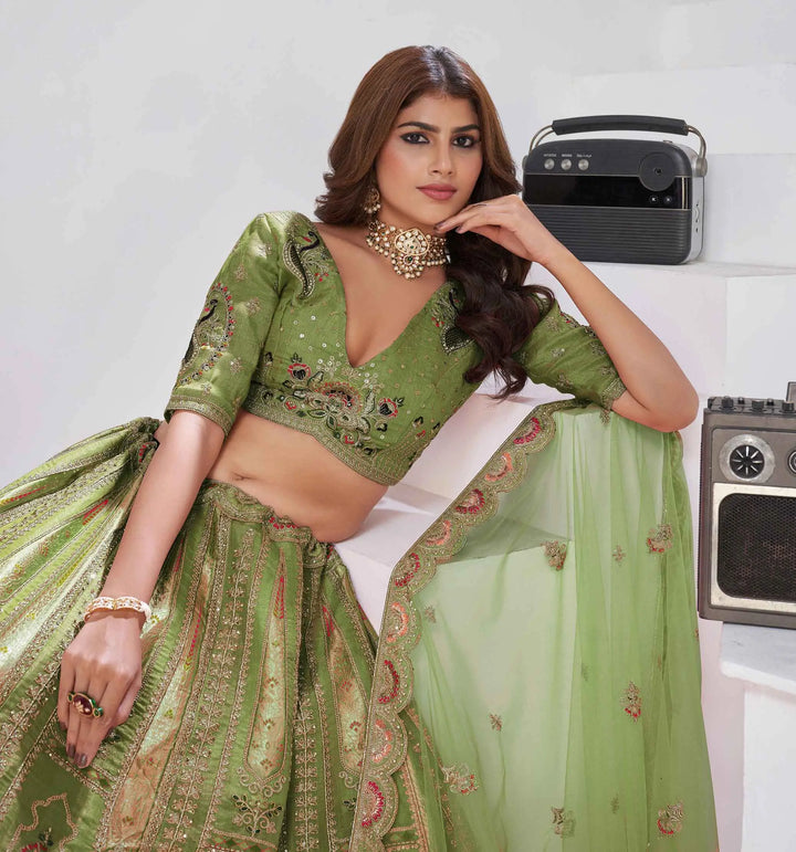 Grace Of Green Silk Lehenga With Embroidery Work - qivii