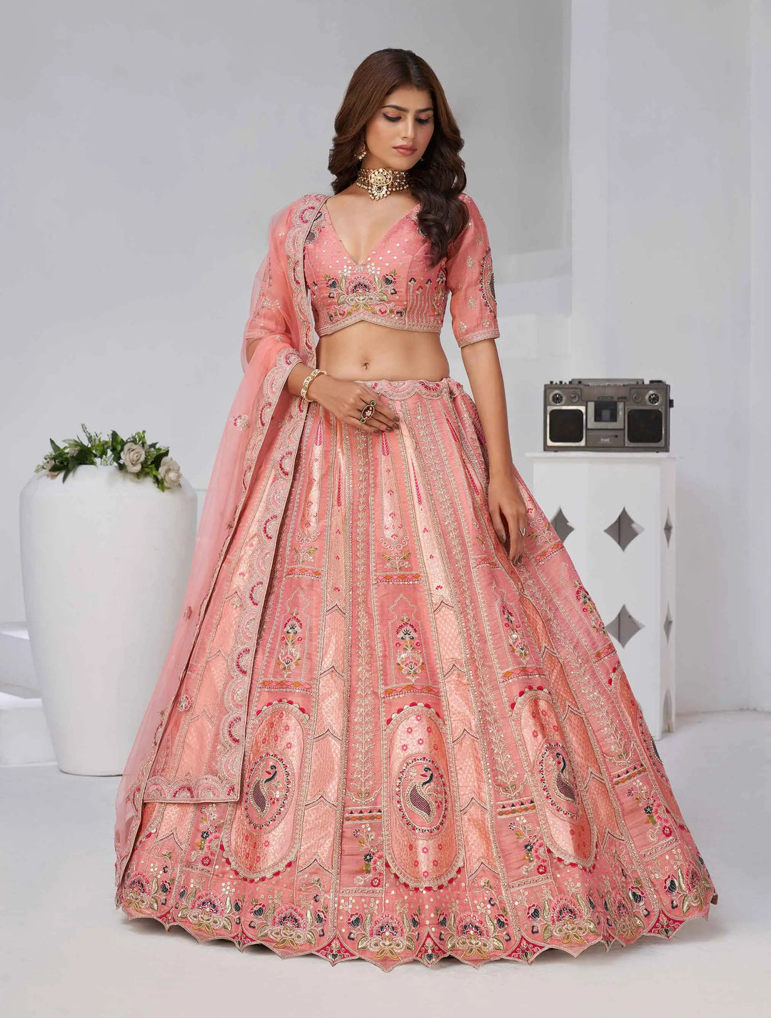 Peachy Pink Silk Lehenga With Zari & Resham Detailing - qivii