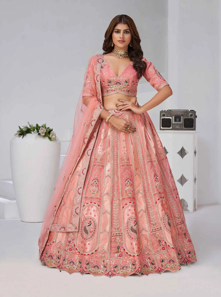 Peachy Pink Silk Lehenga With Zari & Resham Detailing - qivii