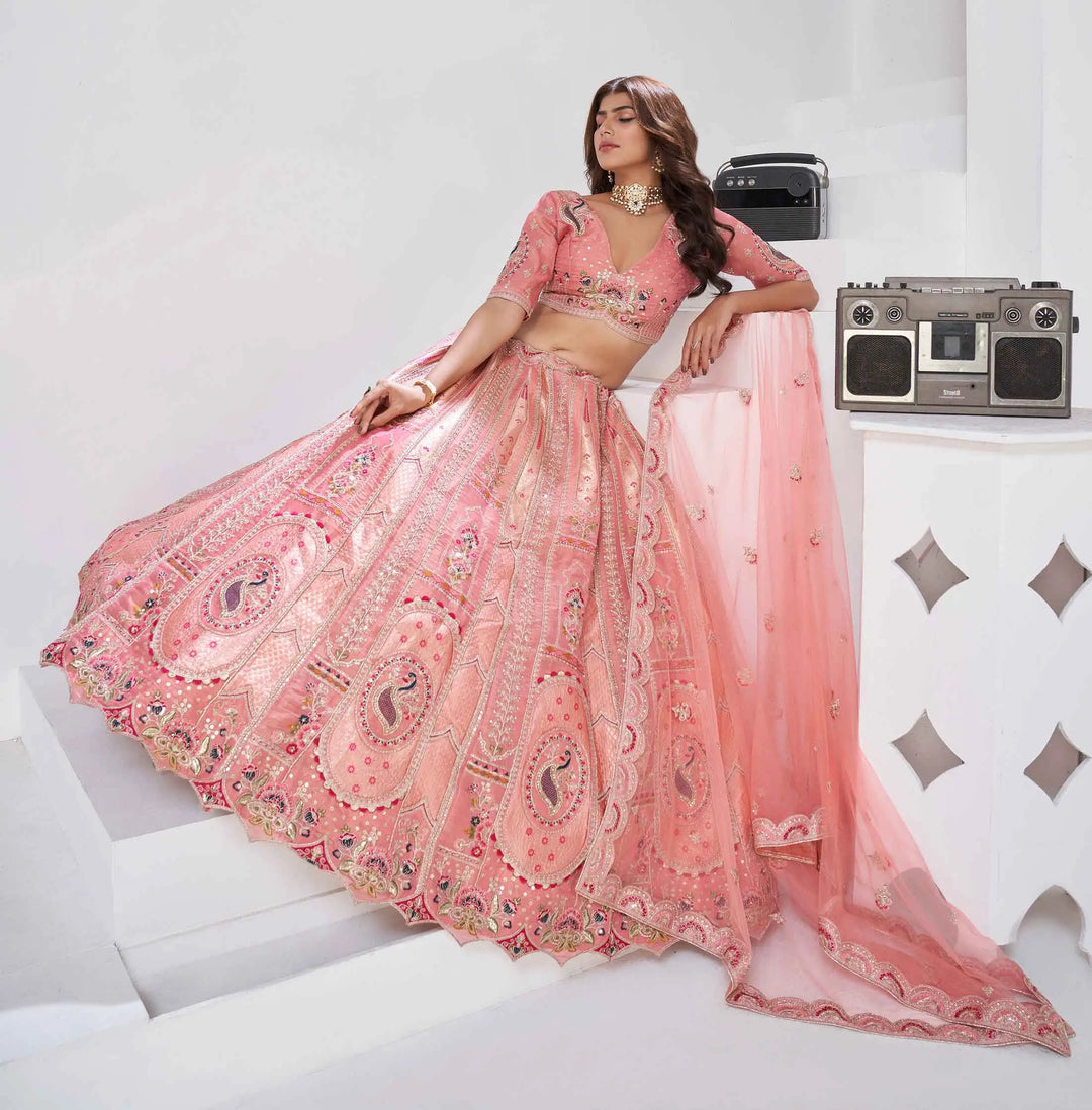 Peachy Pink Silk Lehenga With Zari & Resham Detailing - qivii