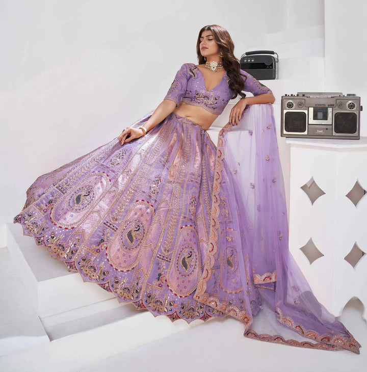 Dusty Lavender Zari Resham Embroidery Silk Lehenga - qivii