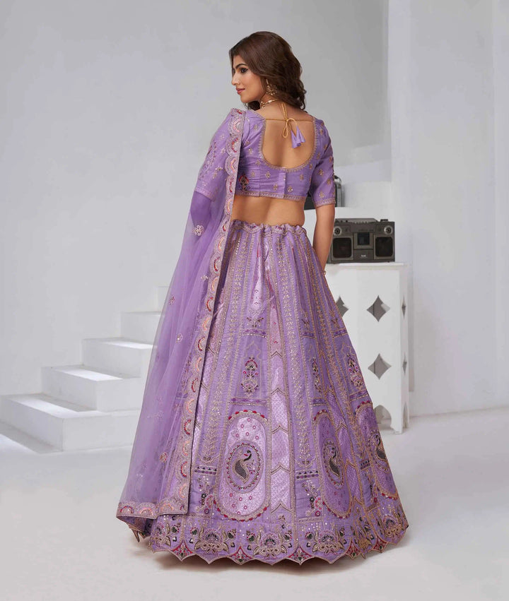 Dusty Lavender Zari Resham Embroidery Silk Lehenga - qivii