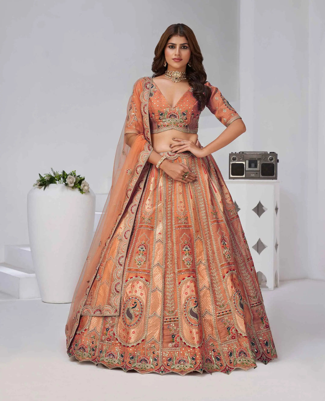 Designer Rust Silk Lehenga With Zari Sequins Detailing - qivii