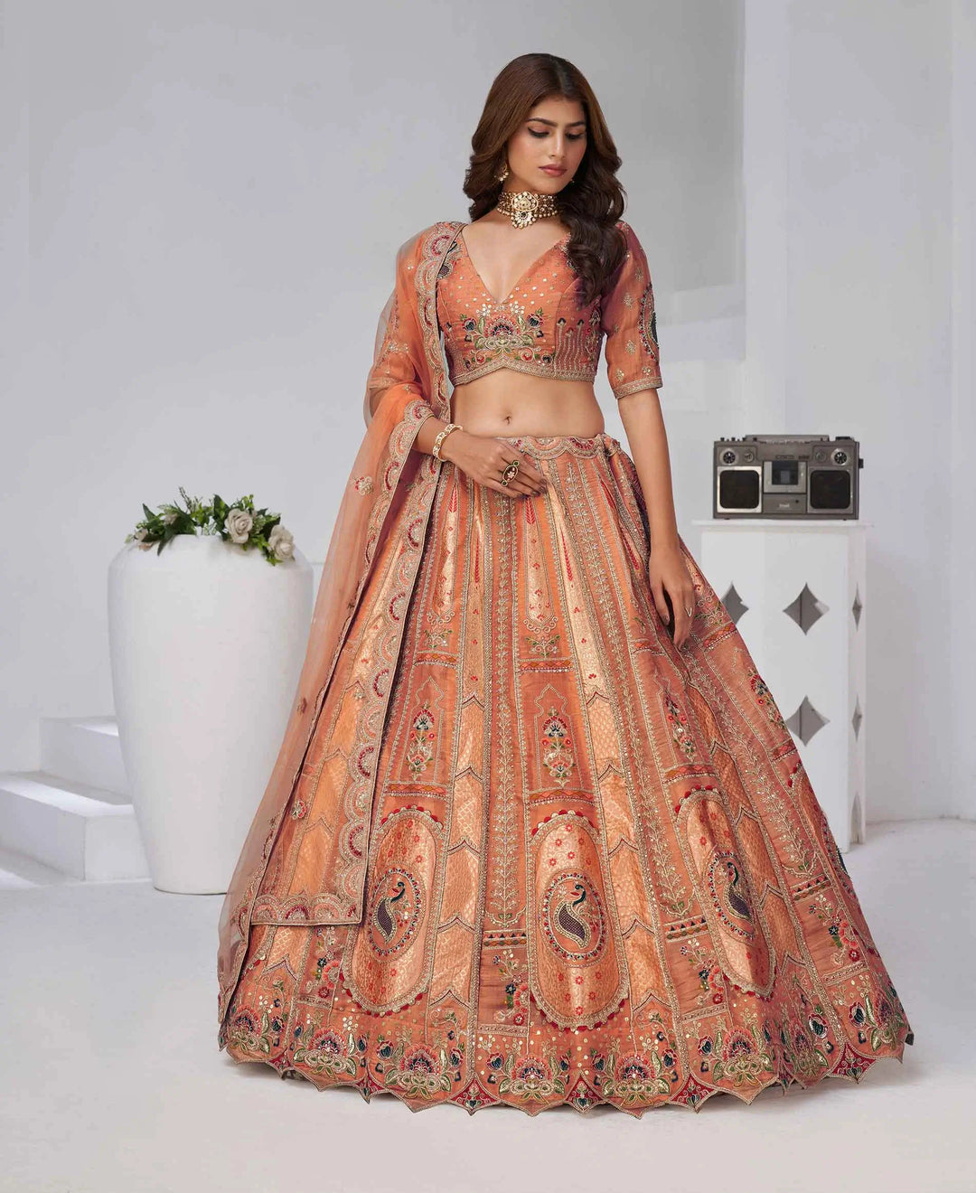 Designer Rust Silk Lehenga With Zari Sequins Detailing - qivii