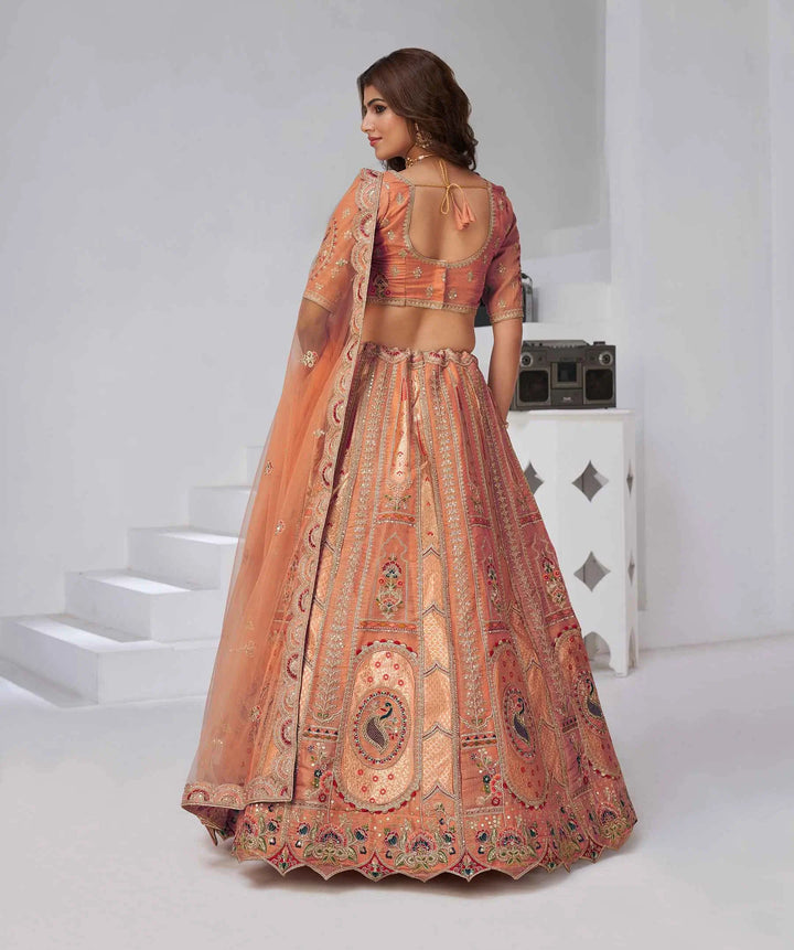Designer Rust Silk Lehenga With Zari Sequins Detailing - qivii