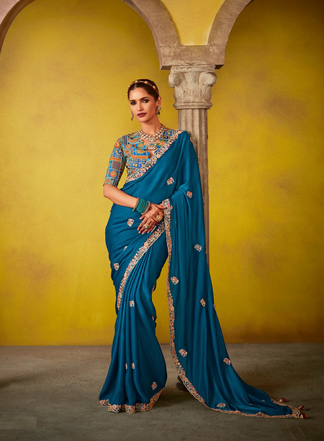 Teal Blue Glass Tissue Saree With Digital Print,  Sequence & Thread Embroidery Work - qivii