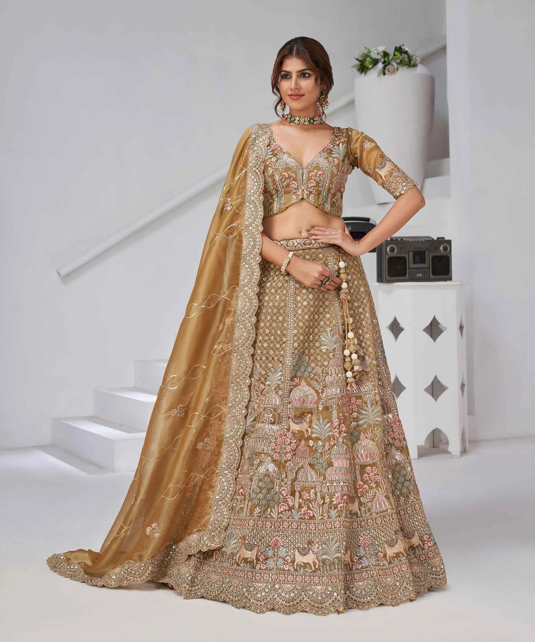 Traditional Bridal Lehenga With Temple & Cow Motifs - qivii