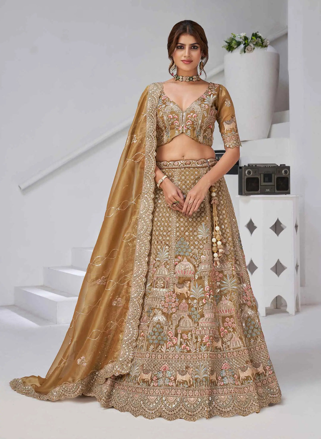 Traditional Bridal Lehenga With Temple & Cow Motifs - qivii