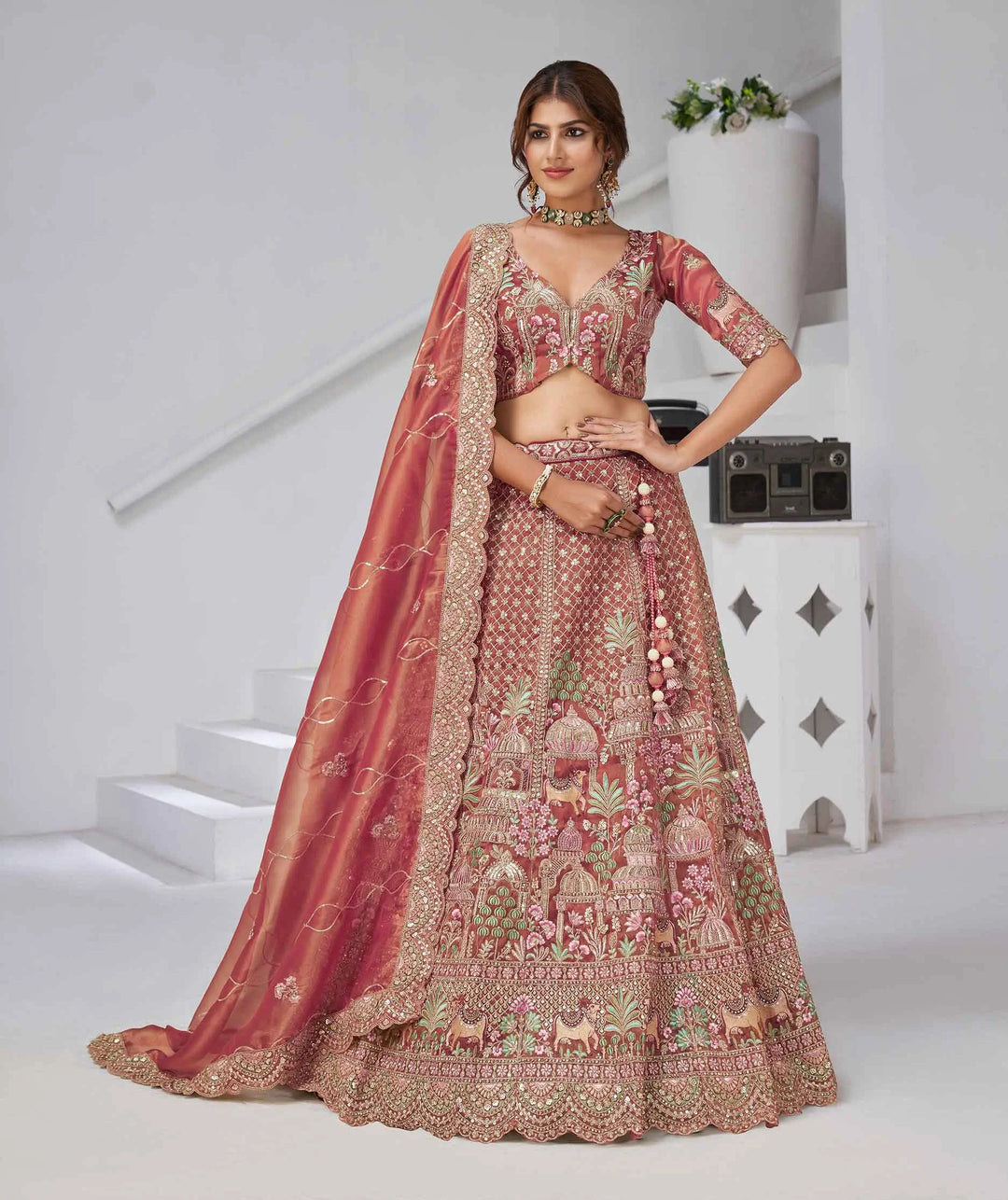 Pinkish Red Bridal Lehenga With Temple & Cow Motifs - qivii