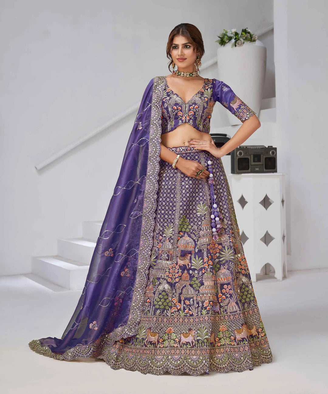 Bluish Purple Bridal Lehenga With Temple & Cow Motifs - qivii