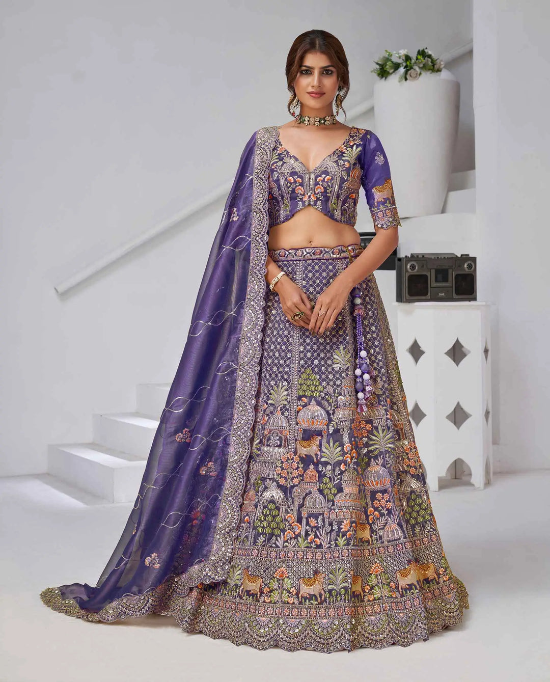 Bluish Purple Bridal Lehenga With Temple & Cow Motifs - qivii