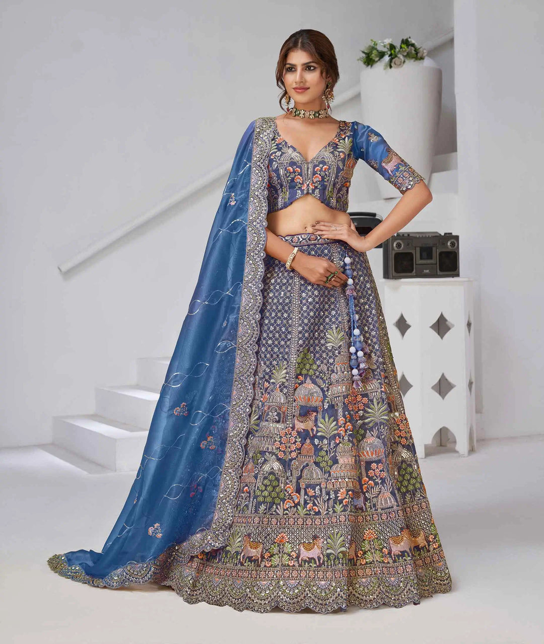 Dusty Blue Bridal Lehenga With Temple & Cow Motifs - qivii