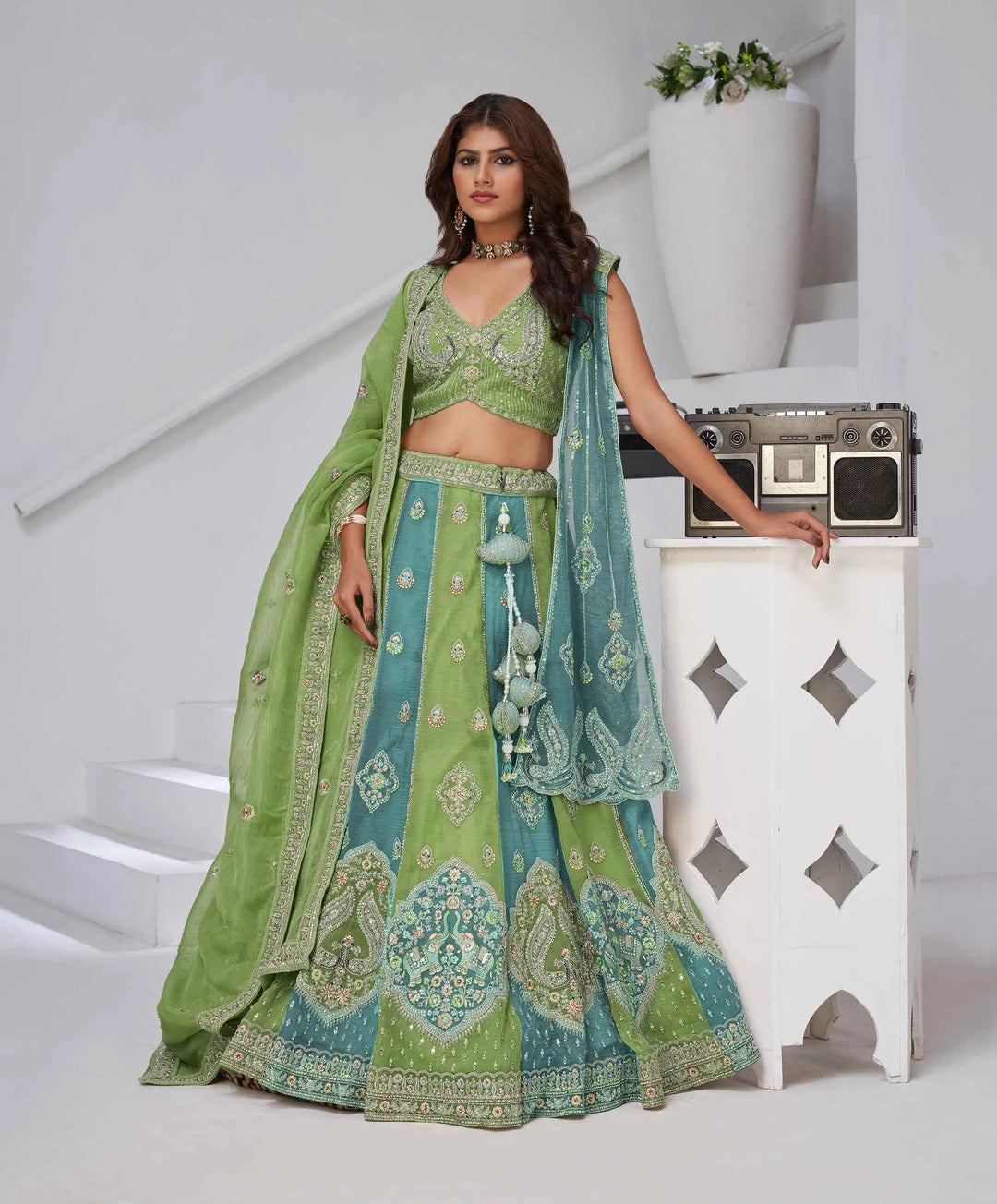 Iguana Green Lehenga With Dupatta & Zari-Resham Work - qivii
