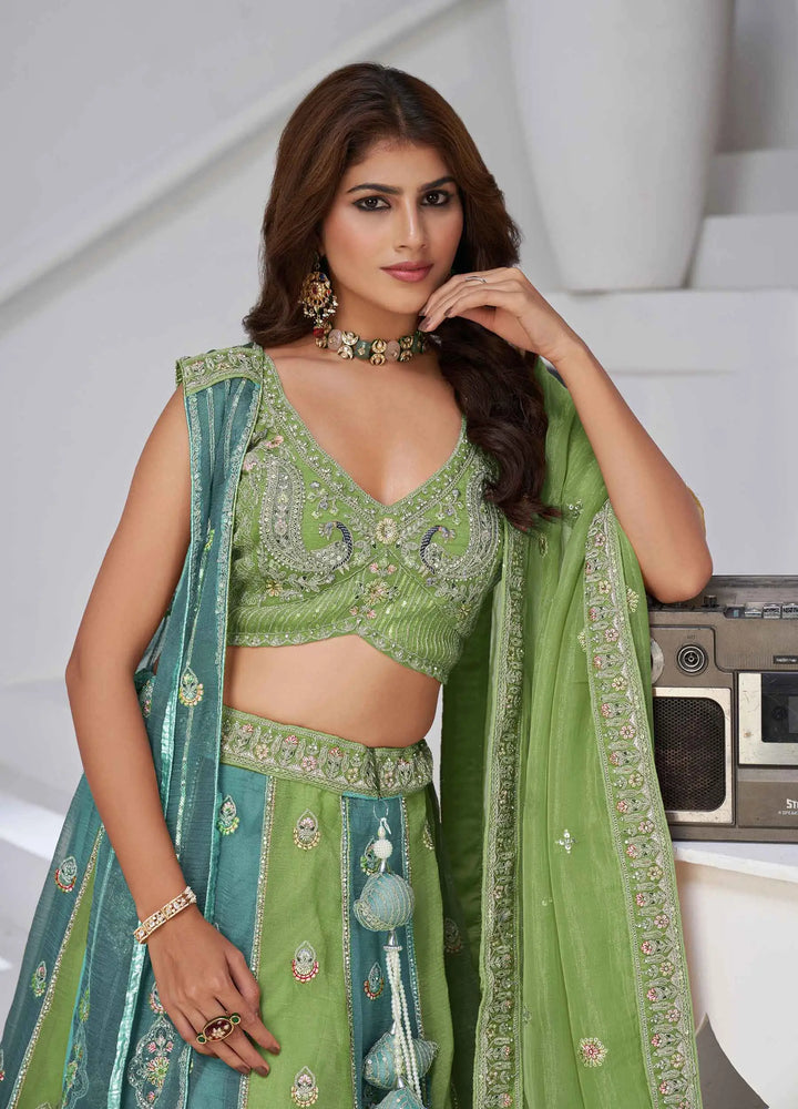 Iguana Green Lehenga With Dupatta & Zari-Resham Work - qivii