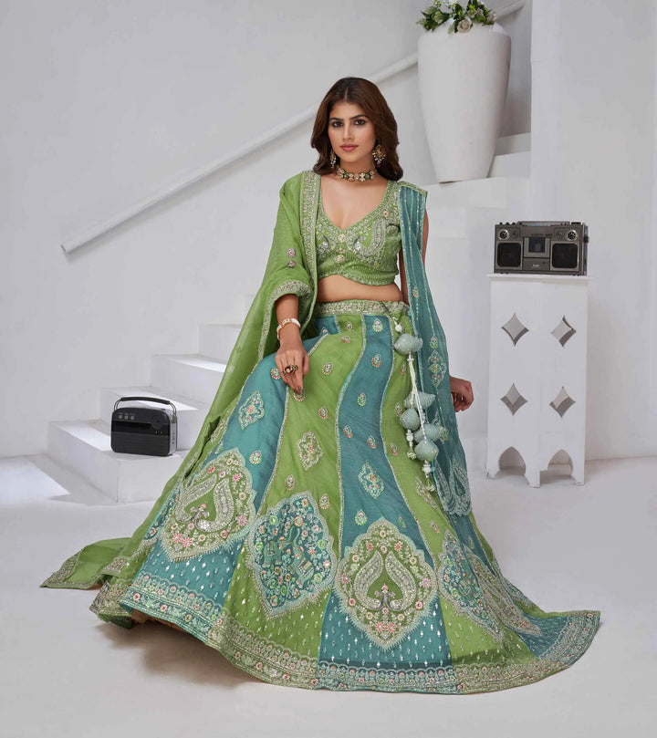 Iguana Green Lehenga With Dupatta & Zari-Resham Work - qivii