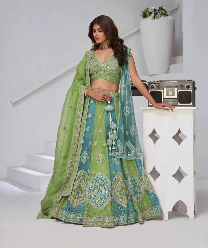 Iguana Green Lehenga With Dupatta & Zari-Resham Work - qivii