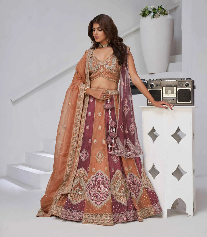 Rust Lehenga With Dupatta & Elephant Peacock Motifs - qivii