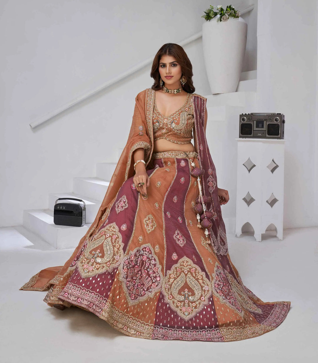 Rust Lehenga With Dupatta & Elephant Peacock Motifs - qivii