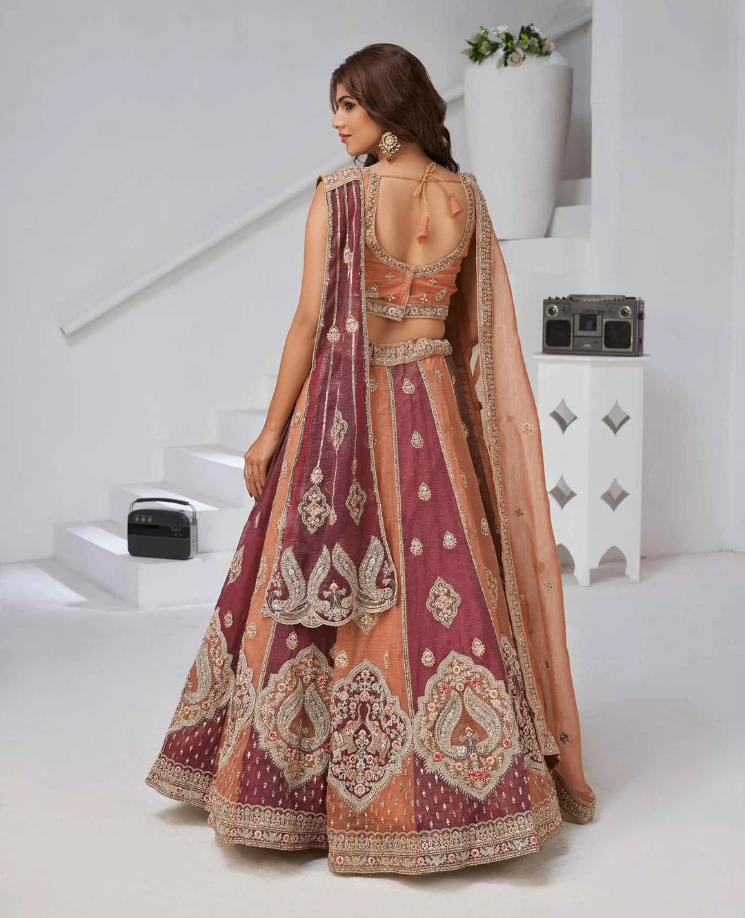 Rust Lehenga With Dupatta & Elephant Peacock Motifs - qivii