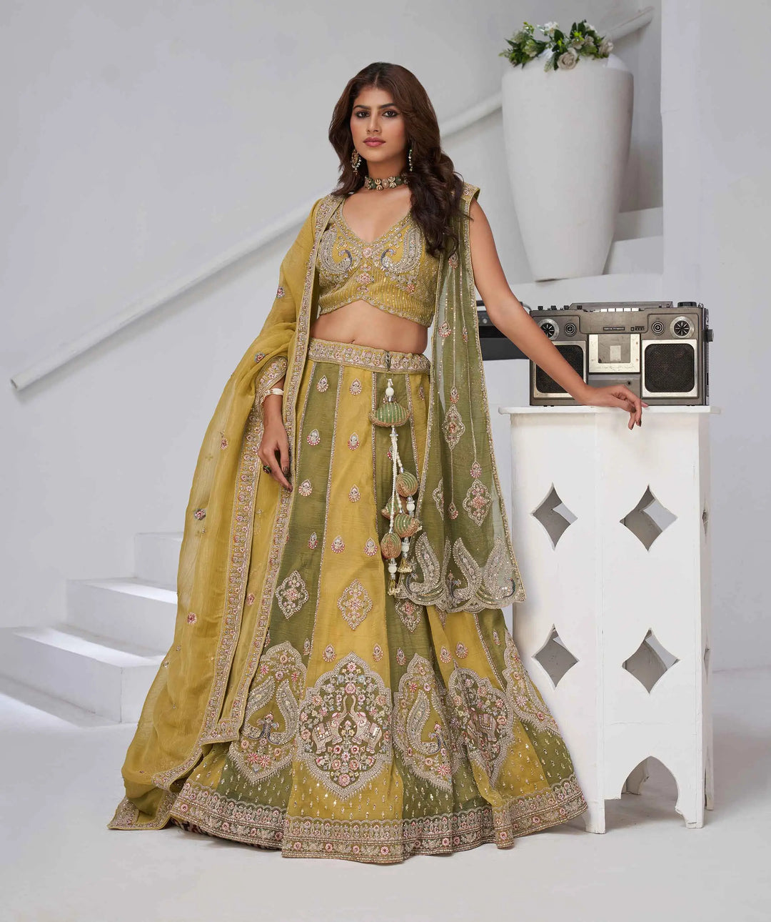 Yellow Lehenga With Dupatta & Elephant Peacock Motifs - qivii