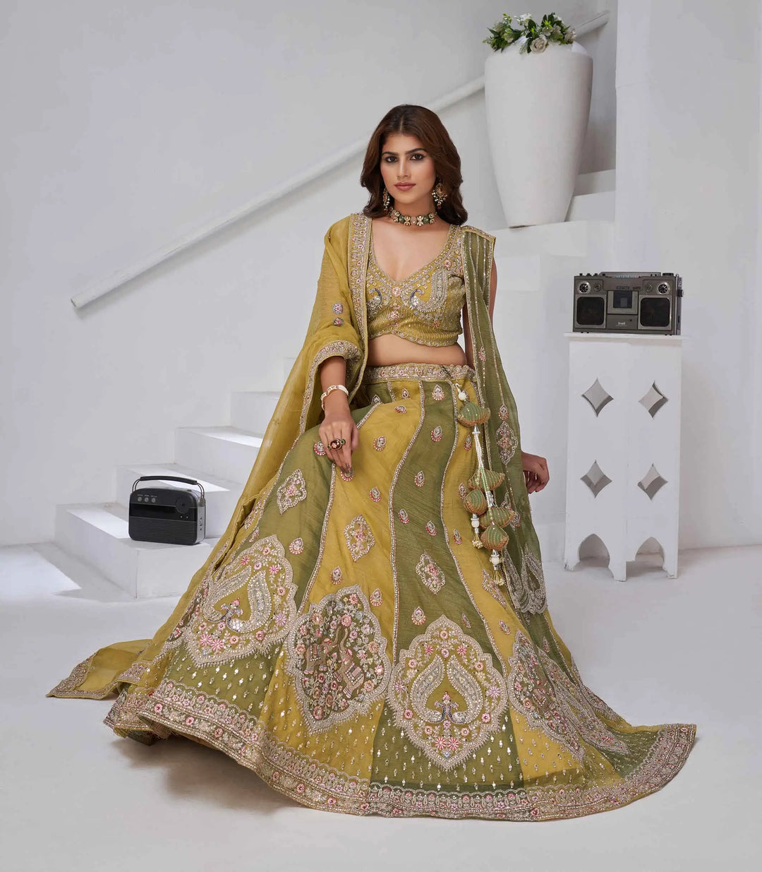 Yellow Lehenga With Dupatta & Elephant Peacock Motifs - qivii