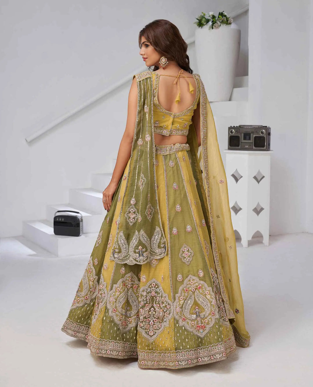 Yellow Lehenga With Dupatta & Elephant Peacock Motifs - qivii