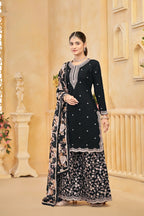 Black Roman Silk Thread & Sequins Embroidery Work Palazzo Set