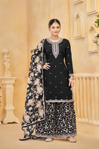 Black Roman Silk Thread & Sequins Embroidery Work Palazzo Set