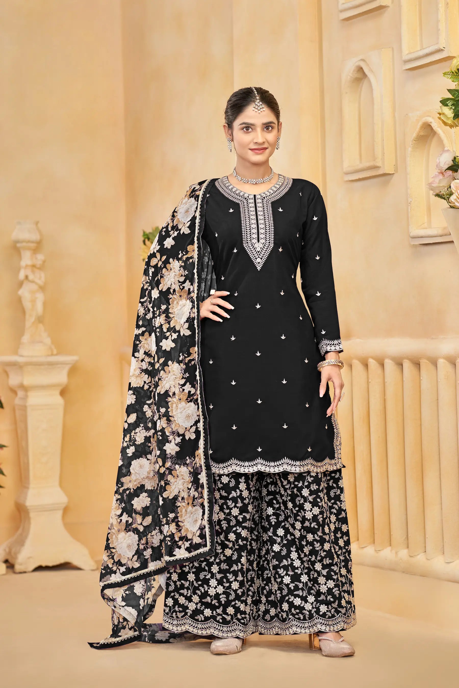 Black Roman Silk Thread & Sequins Embroidery Work Palazzo Set