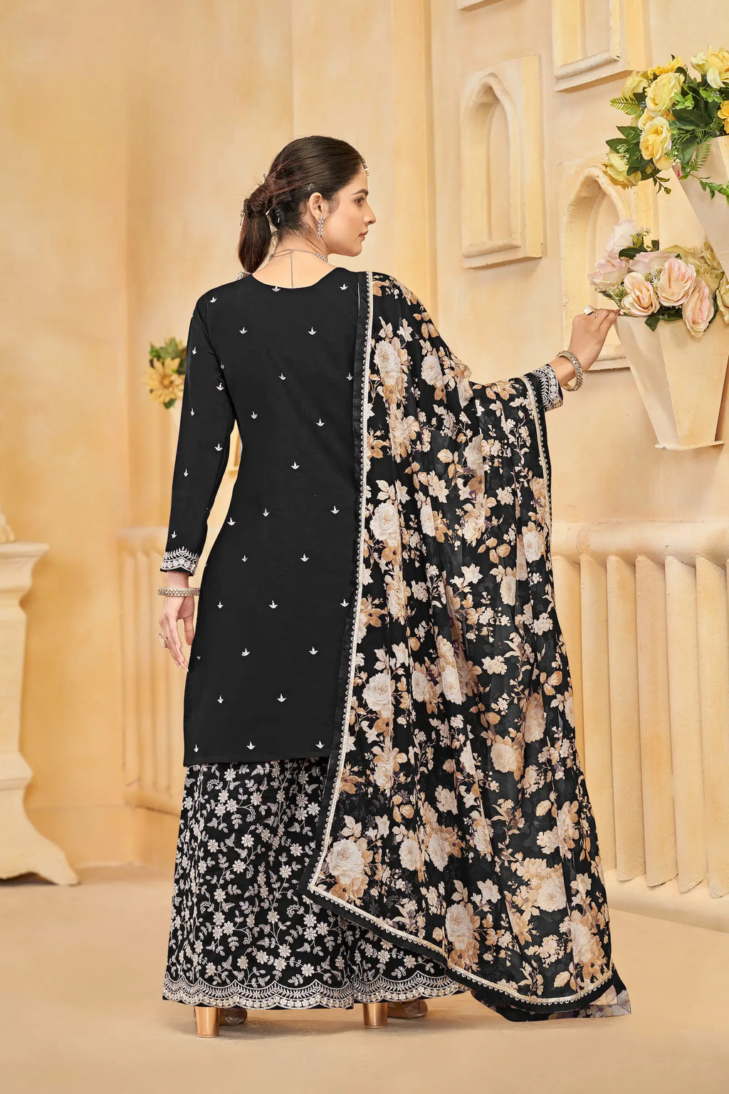 Black Roman Silk Thread & Sequins Embroidery Work Palazzo Set