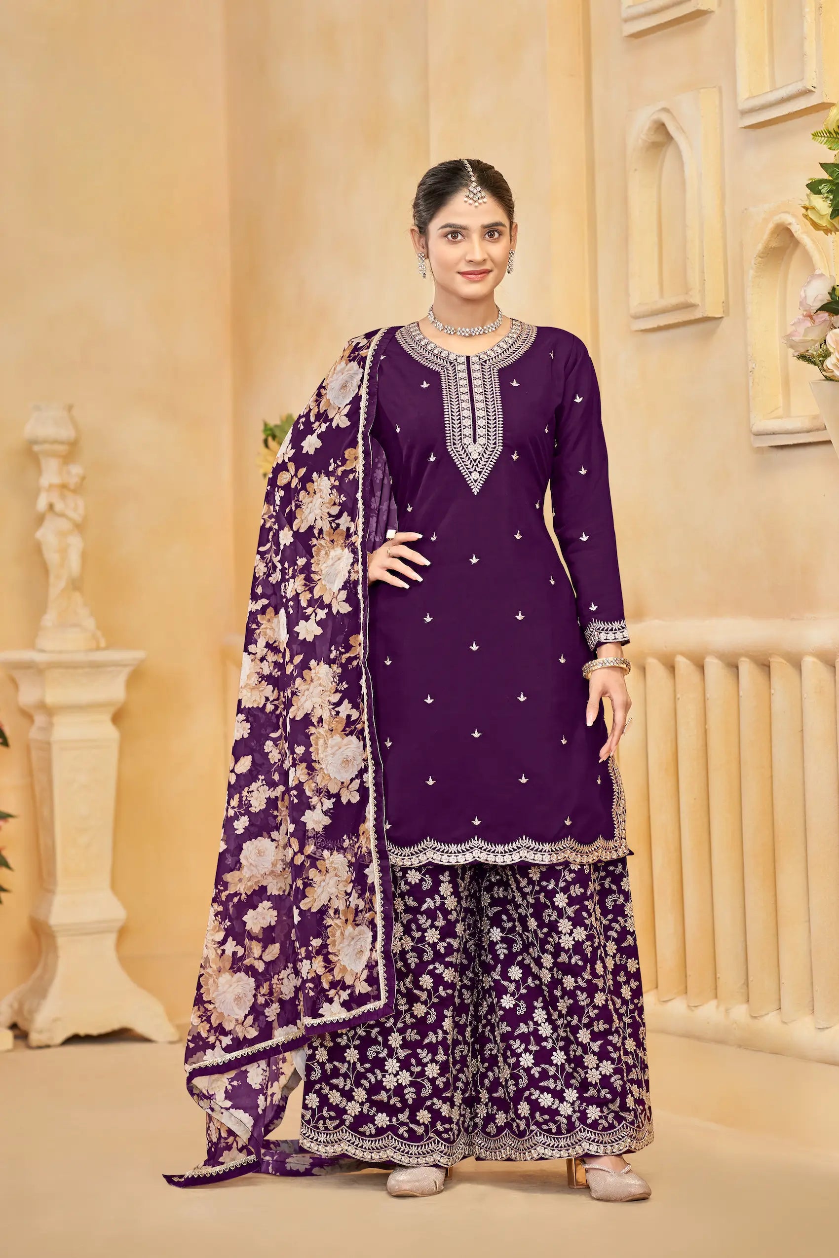 Purple Roman Silk Thread & Sequins Embroidery Work Palazzo Set
