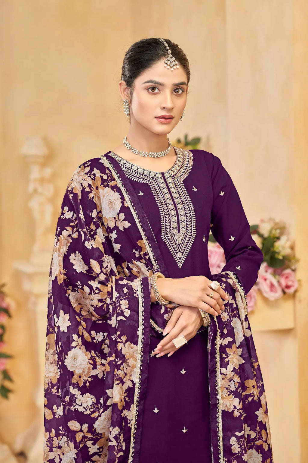 Purple Roman Silk Thread & Sequins Embroidery Work Palazzo Set