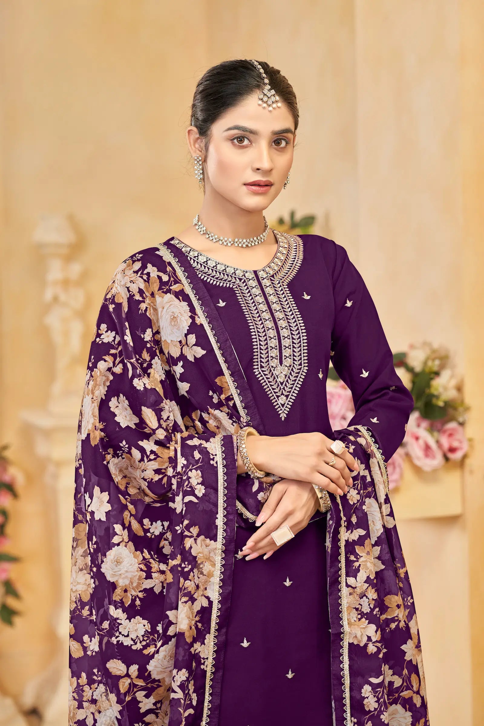 Purple Roman Silk Thread & Sequins Embroidery Work Palazzo Set