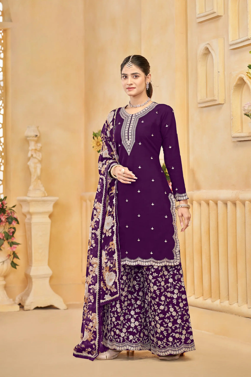 Purple Roman Silk Thread & Sequins Embroidery Work Palazzo Set