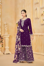 Purple Roman Silk Thread & Sequins Embroidery Work Palazzo Set