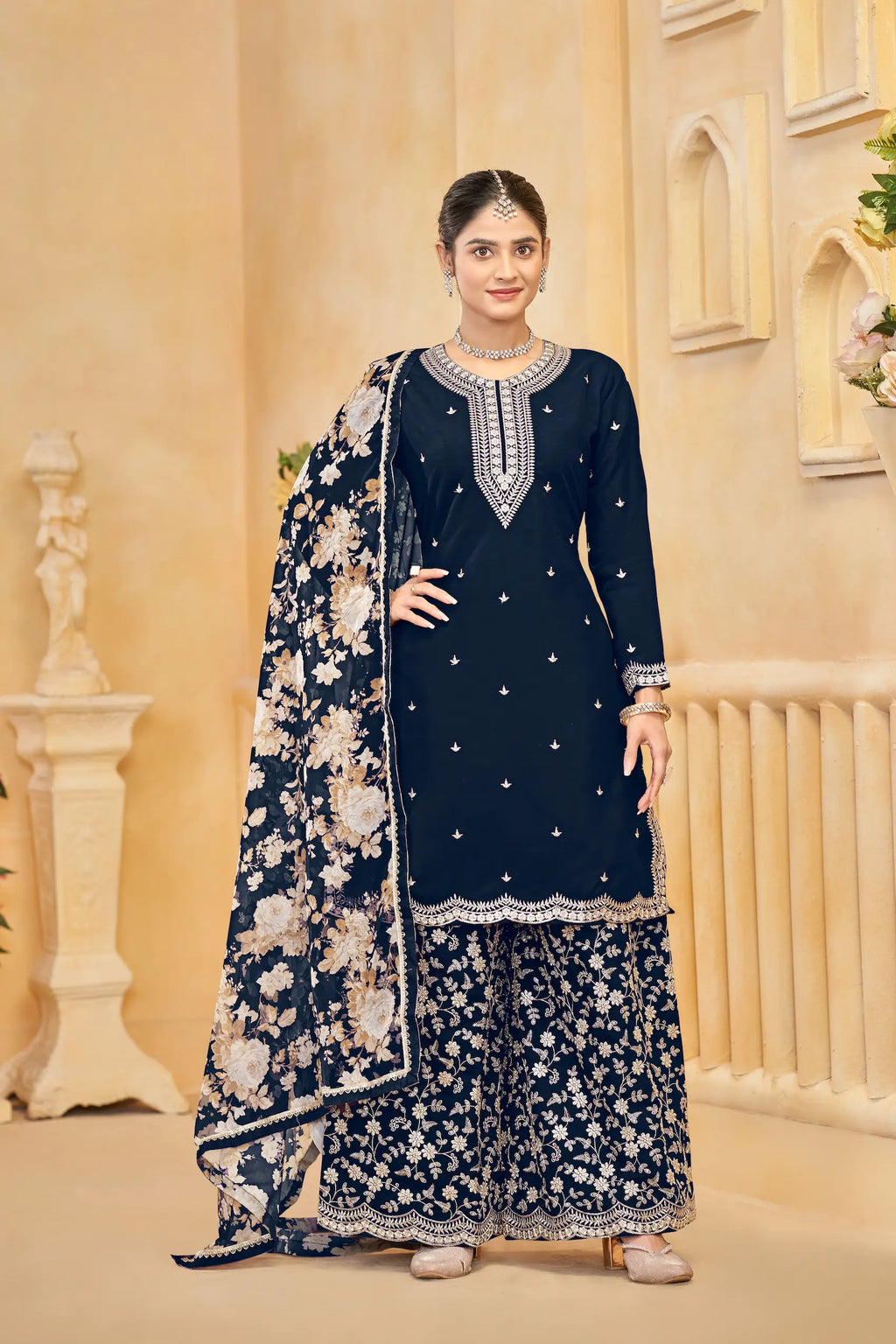 Navy Blue Roman Silk Thread & Sequins Embroidery Work Palazzo Set