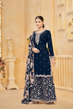 Navy Blue Roman Silk Thread & Sequins Embroidery Work Palazzo Set